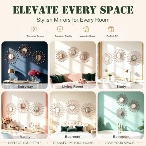 3 Pack Wall Metal Mirrors Sunburst Wall Mirror Rose Gold Crystal Wall Art - Image 6