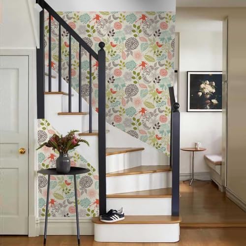 MuralPeel Vintage Blue Green Red Flower Plant Bird Peel and Stick Wallpaper - Image 6