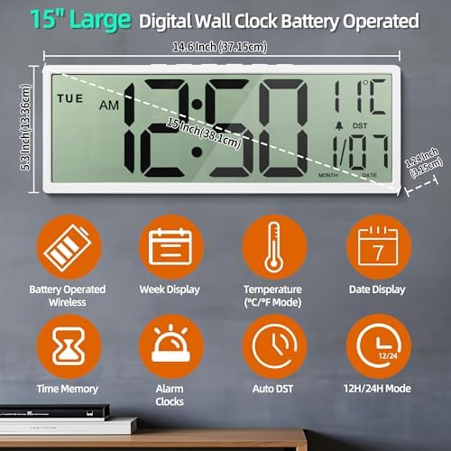 Digital Wall Clock Battery Operated, Large Number - Image 2