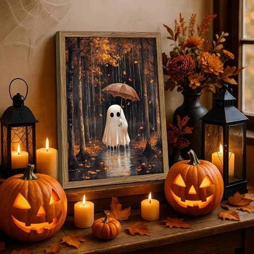 Framed Vintage Halloween Ghost Canvas Wall Art, Cute Ghost Holding Umbrella - Image 2