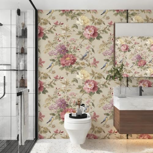 Vintage Chinoiserie Textured Bird Peony Peel and Stick Wallpaper Self Adhesive - Image 3