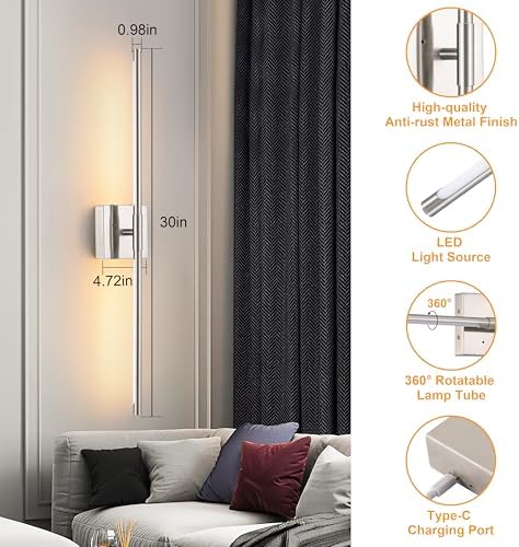 30 Inch Sand-Nickel Rechargeable Wall Sconces Set of 2 Battery Operated - Image 7