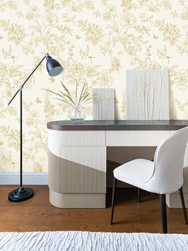 Froluya Cream White and Gold Floral Peel and Stick Wallpaper 17.7in×196.8in - Image 2