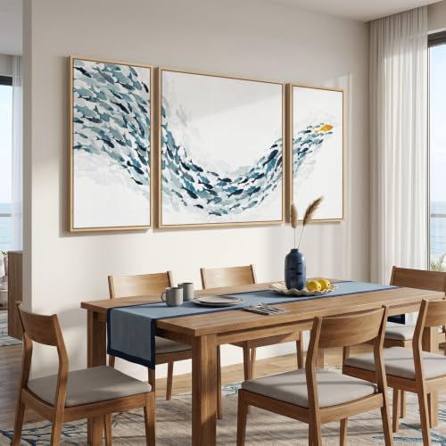 Extra Large 3 Piece Framed Blue White Coastal Fish Wall Art - Image 2