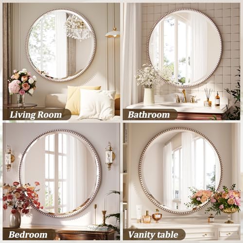 24'' Round Bathroom Mirror, Beaded Circle Decorative Wall Mirror - Image 6
