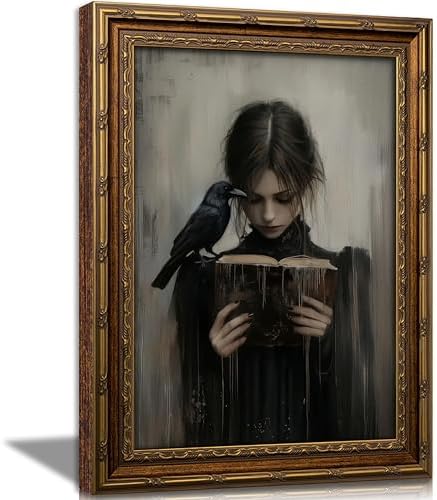 Vintage Gold Framed Girl Reading Book Canvas Wall Art Dark Academia Gothic by Gothicart