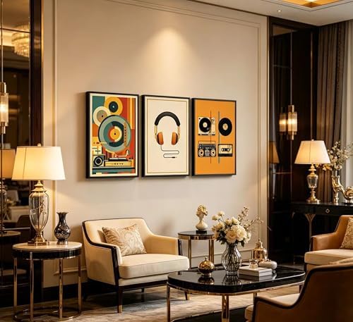 3Pcs Vintage Music Canvas Wall Art MidCentury Modern Vinyl Turntable Painting - Image 7