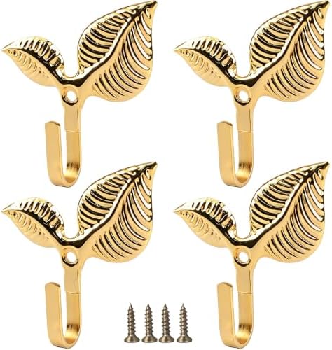 Set of 4 Vintage Leaf Wall Hooks Golden Metal Coat Hooks Heavy Duty Decorative by Unknown