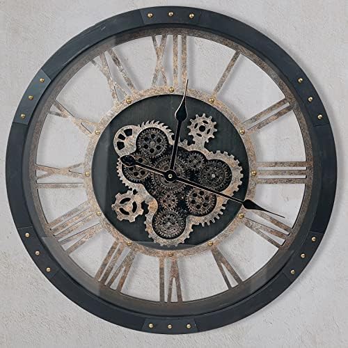 24" Large Wall Clock with Moving Gears, Oversize Vintage Industrial Rustic by DORBOKER