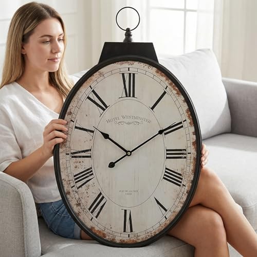 Large Oval Wall Clock 25 Inch, Antique Distressed White Decorative Clock by EMAXHOME