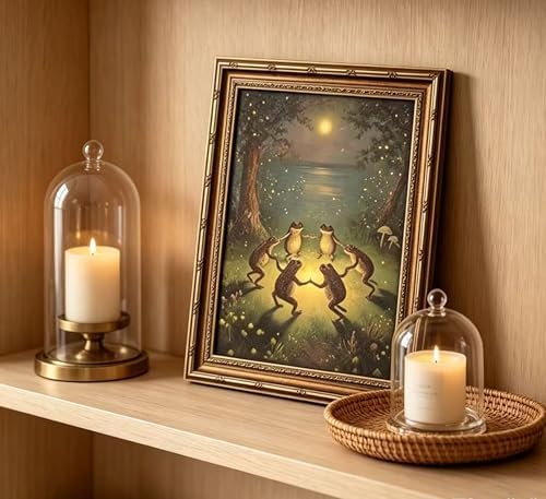 Vintage Gold Framed Frog Wall Art, Frogs Dancing in Moonlight Forest Painting - Image 6