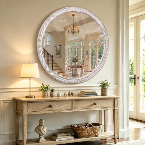 30 Inch Wooden Round Mirror for Wall Decor, Rustic Distressed Mirrors - Image 6