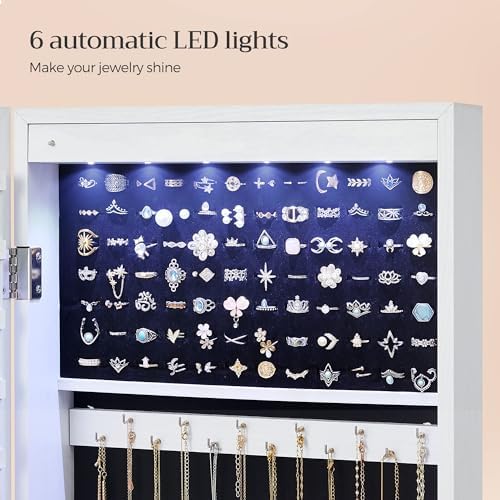 SONGMICS 6 LEDs Mirror Jewelry Cabinet, 47.2-Inch Tall Lockable Wall or Door - Image 4