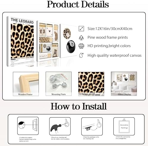 Framed Trendy Leopard Canvas Wall Art Set of 3, Preppy Cheetah Lucky 8 Ball - Image 5