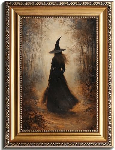 uniro Vintage Gold Framed Wall Art, Vintage Dark Forest Witch Halloween Painting by uniro