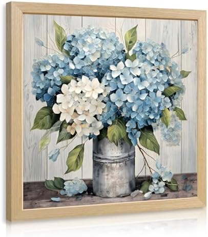 IAFWZX Wood Framed Rustic Blue Hydrangea Wall Art 12x12 in by Unknown