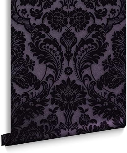 Graham & Brown Gothic Damask Flock Plum Purple and Black Paste The Wall by GrahamandBrown