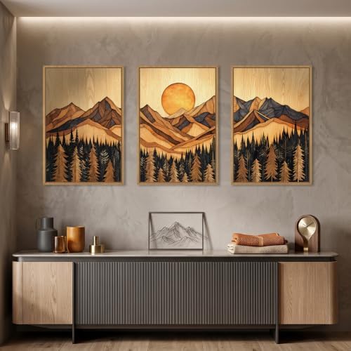 Boho Mountain Woodcut Framed Canvas Wall Art Set -16"x24"x3 - Image 2