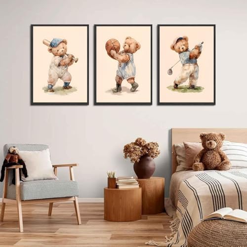 Teddy Bear Sports Nursery Animal Wall Art Cute Woodland Rugby Wall Decor - Image 2