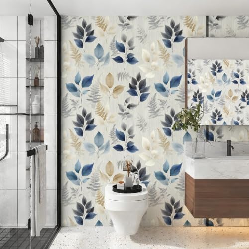 Watercolor Neutral Blue Gold Leaf Peel and Stick Wallpaper Self Adhesive 17.72" - Image 3