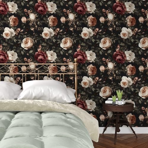 Laatse Vintage Black Red Rose Floral Wallpaper Peel and Stick 17.5"x787" - Image 2