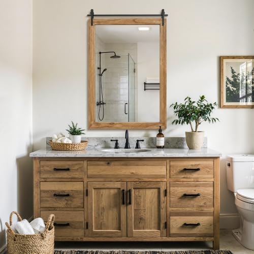 Farmhouse Bathroom Vanity Mirror, 40”x 26” Wood Barn Door Mirror, Light Brown - Image 4