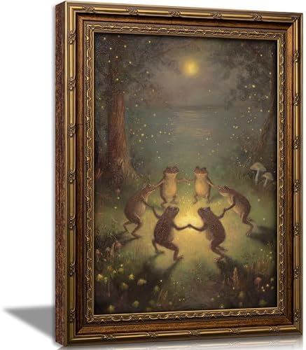 Vintage Gold Framed Frog Wall Art, Frogs Dancing in Moonlight Forest Painting by VintageGoldFramedwallart