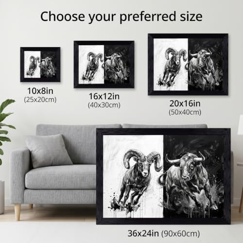 Framed Canvas Wall Art Mixed Media Charging Bull and Mountain Ram Monochrome - Image 3