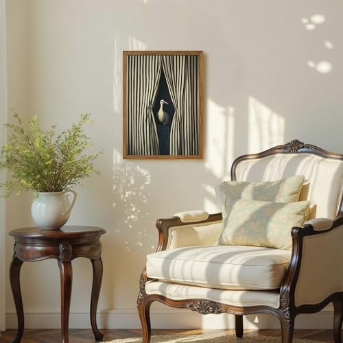 AVECCO Vintage Striped Curtain Moody Crane Wall Art Canvas Framed 12x16 in - Image 2