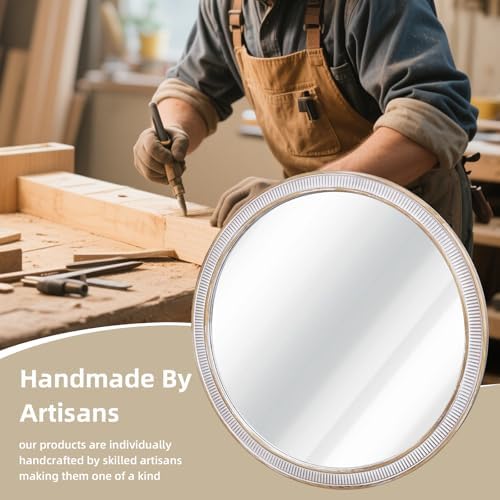 30 Inch Wooden Round Mirror for Wall Decor, Rustic Distressed Mirrors - Image 5