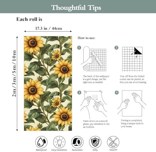 Sunflower Watercolor Wallpaper Peel and Stick 17.3"x393" Non-Woven Fabrics Self - Image 7