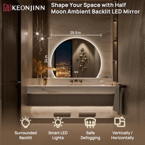 Keonjinn 30"x24" Half Moon Mirror Backlit, 3 Color Lights, Tempered Glass - Image 2