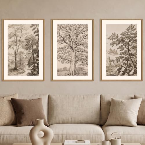 Vintage Tree Sketch Landscape Framed Canvas Wall Art Set- 24"x36"x3 - Image 2