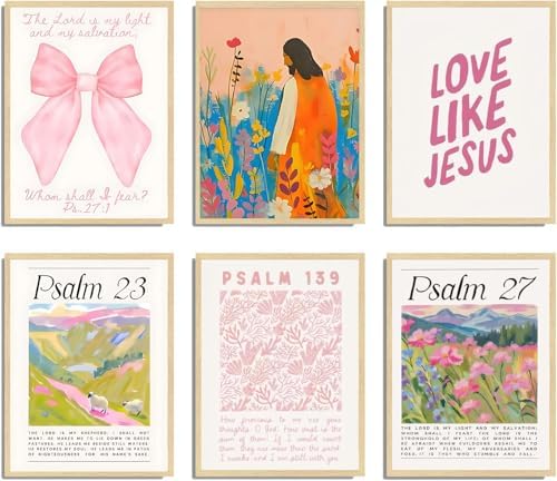 Pink Christian Posters Wall Art Set of 6 Pink Bible Verse Paintings Pictures by Unknown