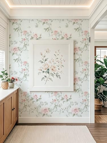 Floral Peel and Stick Wallpaper Pink Flower Wall Paper Vintage Botanical Green - Image 2
