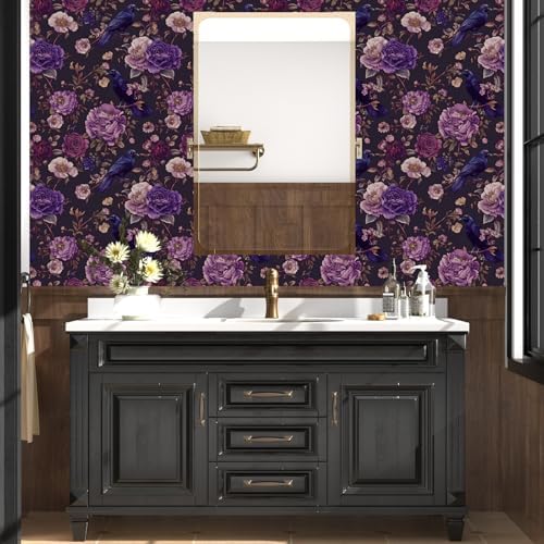 Laatse Gothic Dark Purple Crow Floral Wallpaper Peel and Stick 17.5"x787" - Image 5
