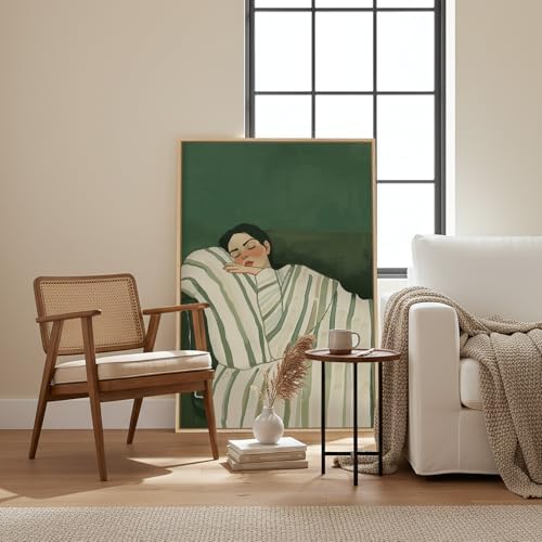 Large Framed Cozy Woman Green Calming Wall Art Dorm Bedroom, 24x36 Inch - Image 3