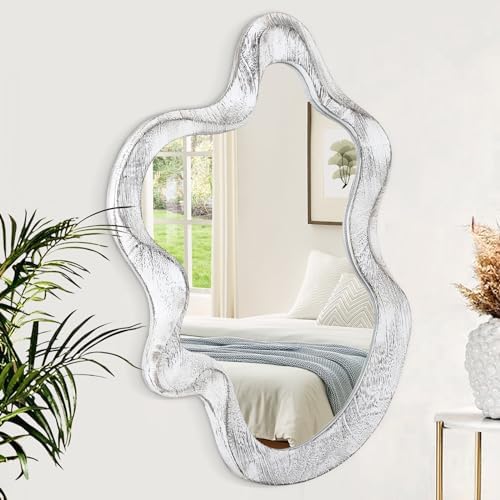 Asymmetrical Mirror Wood Frame Irregular Wall Mirror Unique Shape Wavy Wall by Lzuso