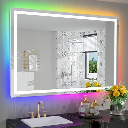 55x40 LED Bathroom Mirror with Lights, RGB Backlit Lighted Mirror by YEELAIT