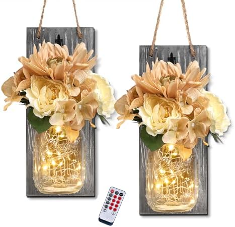Mason Jar Sconces Wall Decor Set of 2, Rustic Wall Art, Wall Hangings by LiveinspiredLiveBesuerte