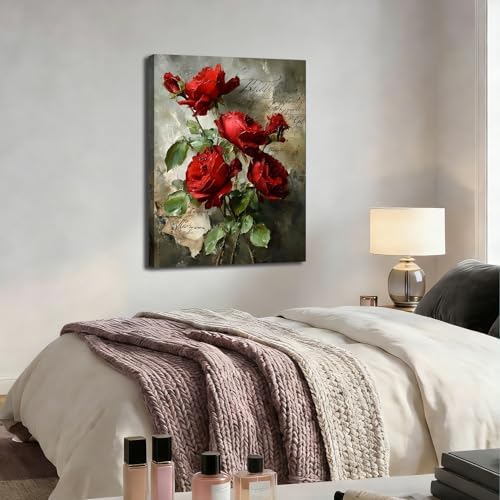 Ship Next Day Red Rose Wall Art Canvas Prints Vintage Floral Pictures Canvas - Image 5