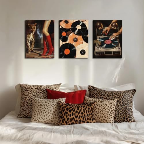 Framed Trendy Leopard Canvas Wall Art Set of 3, Funky Cheetah Music Vinyl - Image 2