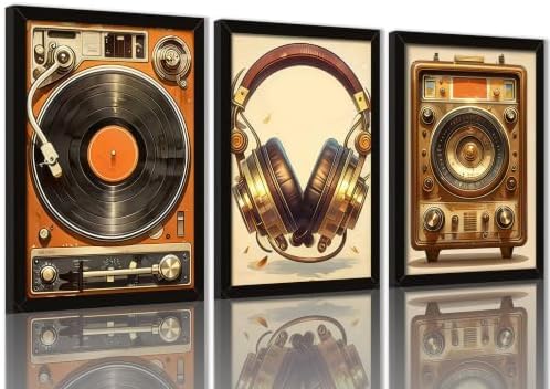 Framed Vintage Music Equipment Canvas Wall Art Set of 3, Retro Turntable by SolaireCraftwallart