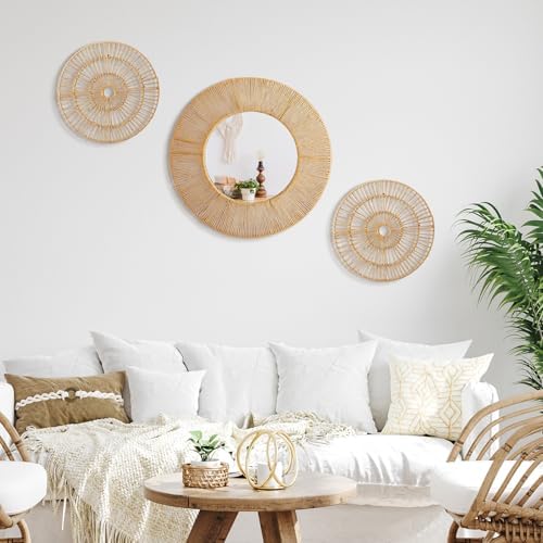Yerliker 3 Pcs Boho Mirror Wall Decor, Natural Jute Woven Round Mirror - Image 5