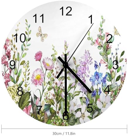 Flower Wall Clock, Watercolour Flower Herb Nature Plant Floral Butterfly Round - Image 2