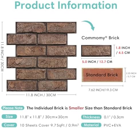 Commomy 3D Peel and Stick Brick Tiles 10 pcs 11.8" x 11.8" - Image 5