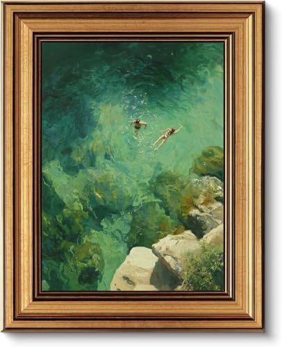 Gold Framed Wall Art, Swimming in Green Abstract Canvas Prints – Vintage by ROSSYNOOK