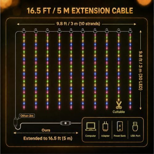 HXWEIYE 300LED Fairy Curtain Lights, 9.8x9.8Ft USB, Tangle-Free - Image 4