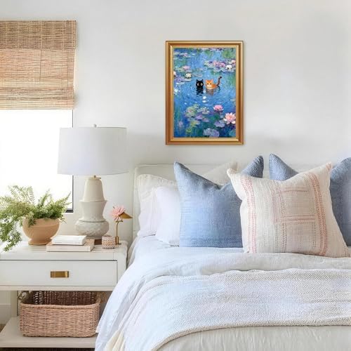 ICHZUMW Gold Framed Funny Cats Monet Water Lilies Canvas Wall Art, 12x16 In - Image 3