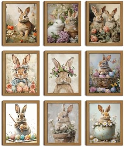 SEHSUVC Easter Bunny Eggs Posters Wall Art Set of 9, Cute Vintage Rabbit by Unknown
